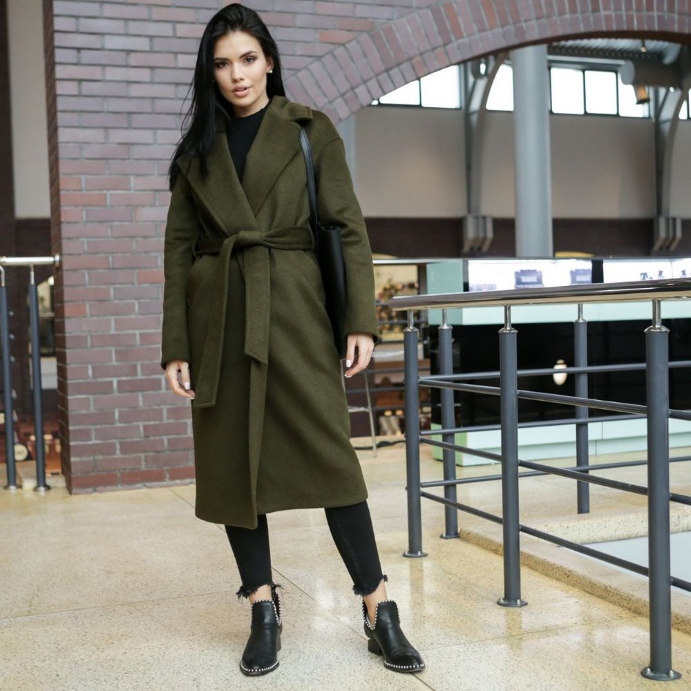 Green Wrap Wool Coat, Belted Coat, Relaxed Wrap Wool Coat With Pockets, Wrap Woo